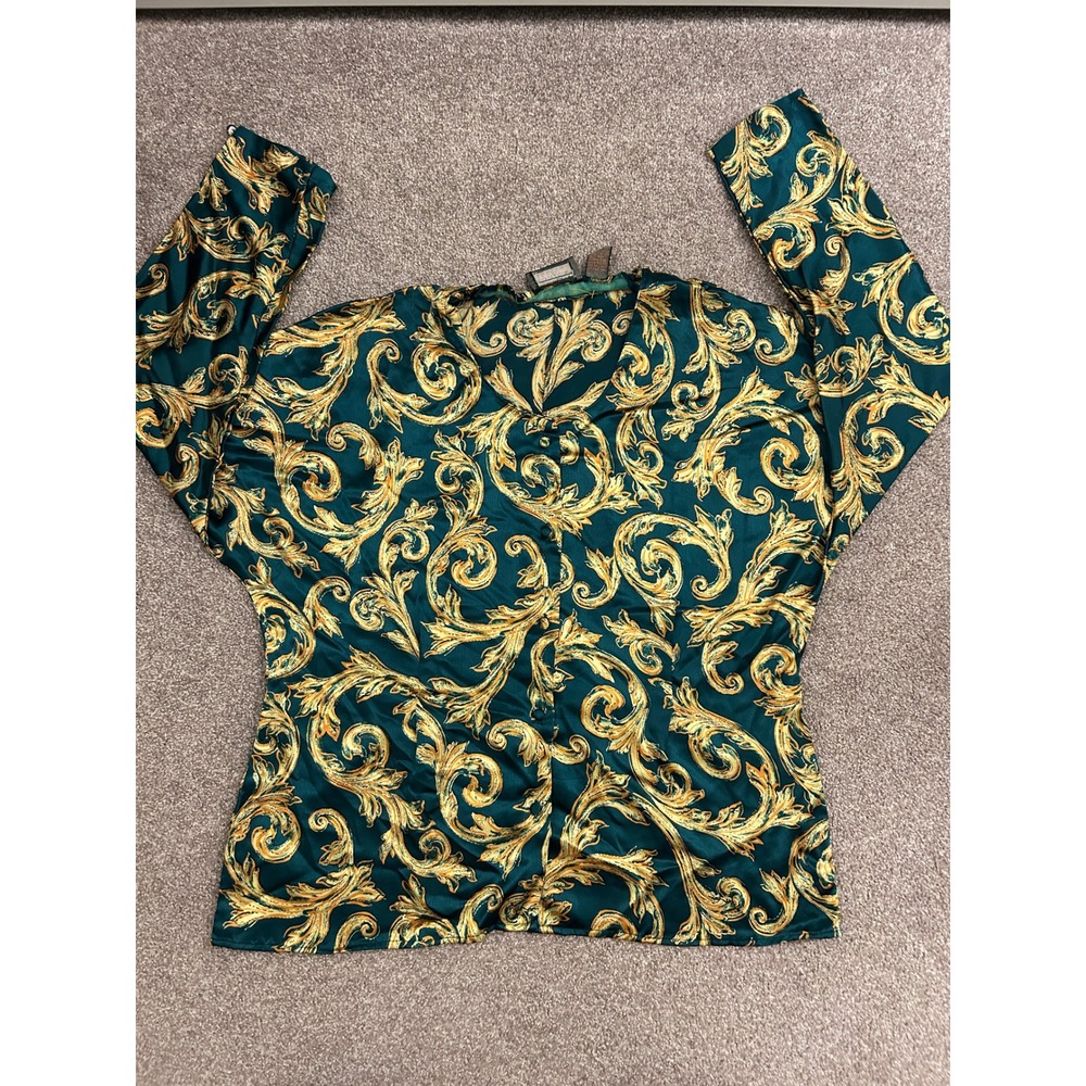 Liz Baker Blouse Womens 18W Teal Gold Excellent Baroque Scroll Satin Button Up